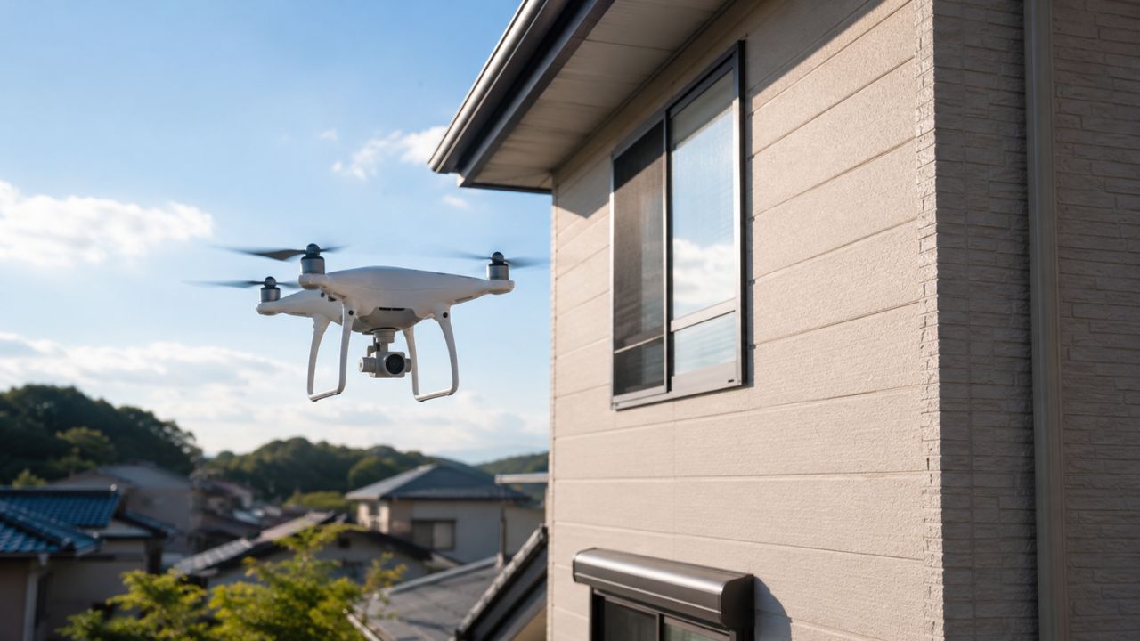 ドローンで外壁の劣化状況を診断する調査風景
