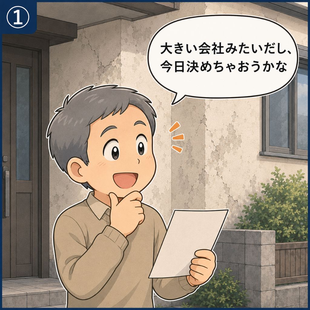 外壁塗装の業者選びでよくある誤解。訪問業者のチラシを手に「大手っぽいからその場で決めよう」と油断する堺市の戸建て施主。色あせやひび割れが出はじめた自宅の外壁を前にした、失敗前の1コマ目。