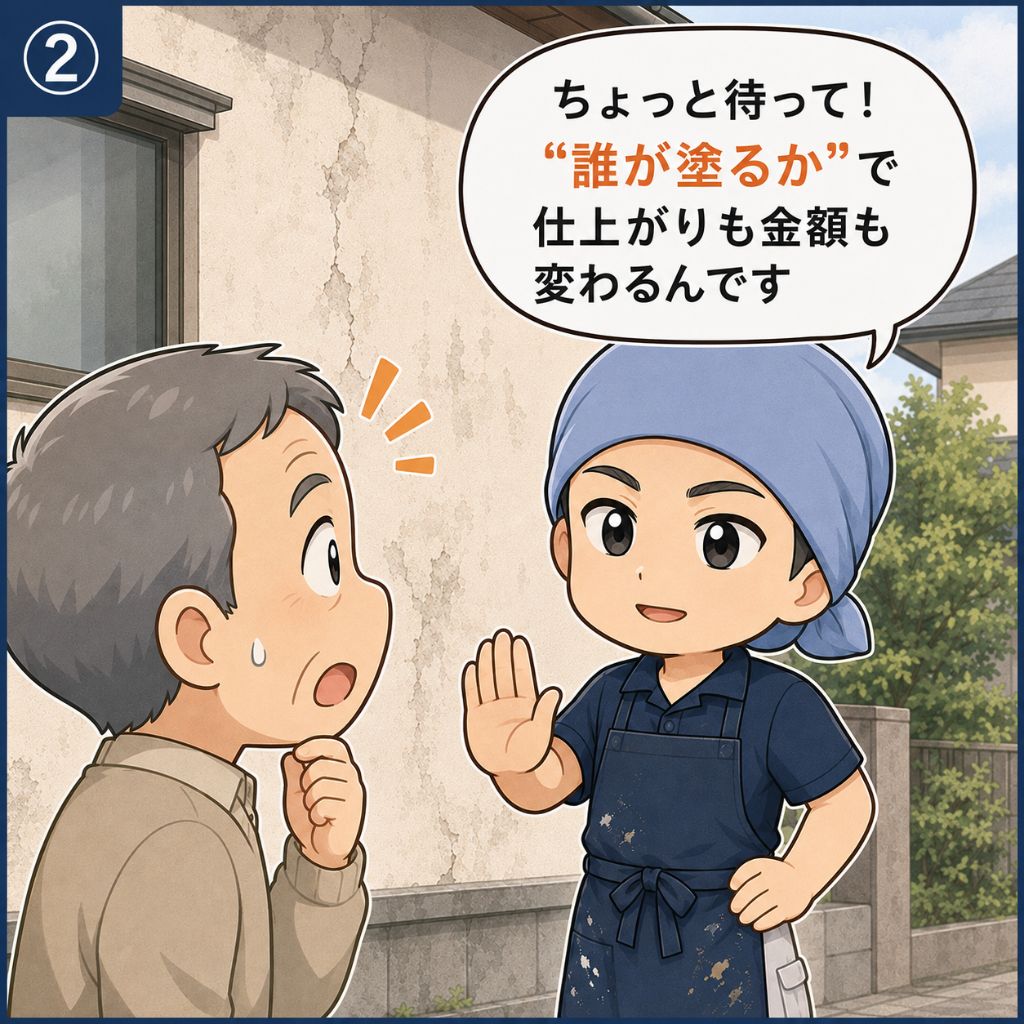外壁塗装の業者選びで陥りやすい失敗と注意点。塗装店の代表が手のひらを上げて「ちょっと待って」と制止し、「誰が塗るか」で仕上がりも金額も変わると伝える場面。施主がはっと驚く2コマ目。