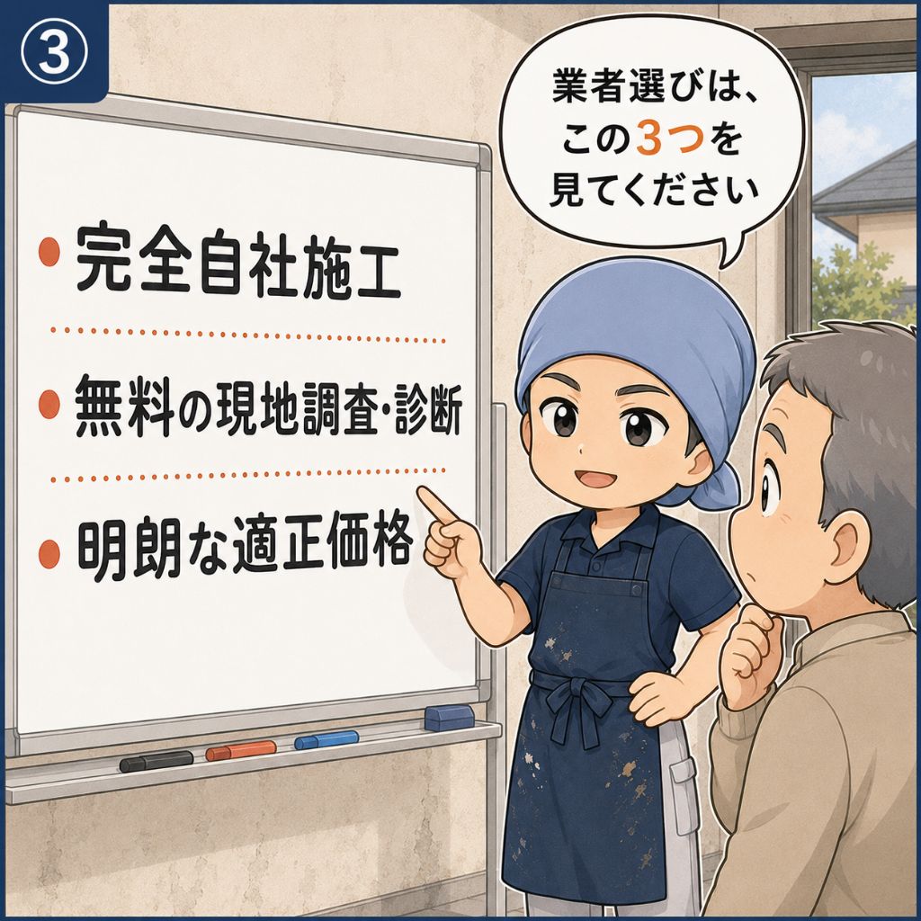 外壁塗装の業者選びのポイントと見極め方。代表がホワイトボードで「完全自社施工」「無料の現地調査・診断」「明朗な適正価格」の3つの判断基準を示し、施主が真剣に聞き入る3コマ目。