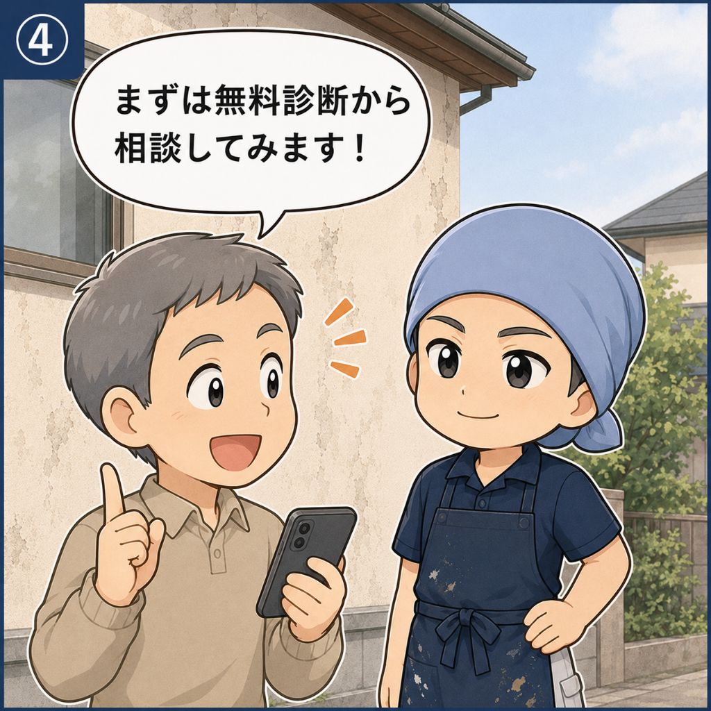 外壁塗装の業者選びの始め方と対策。学びを得た施主が前向きな笑顔でスマートフォンを手に取り、まず無料の現地調査・お見積りから相談してみようと一歩踏み出す4コマ目。代表が隣で見守る。
