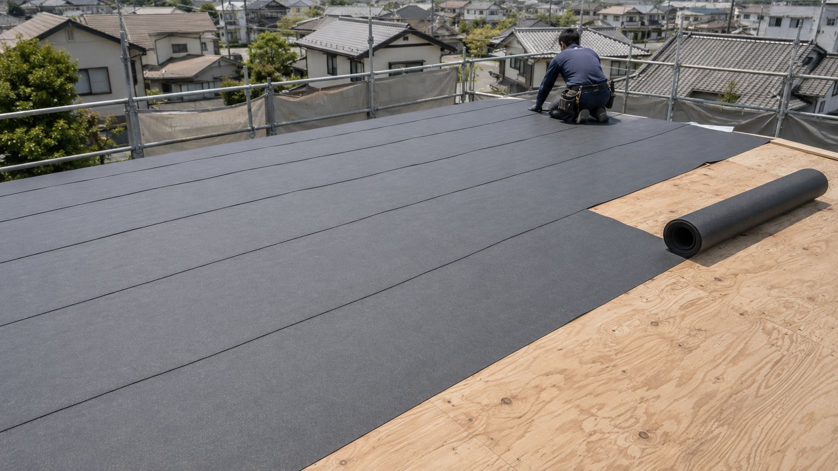 葺き替え工事で防水シートを張った屋根の下地