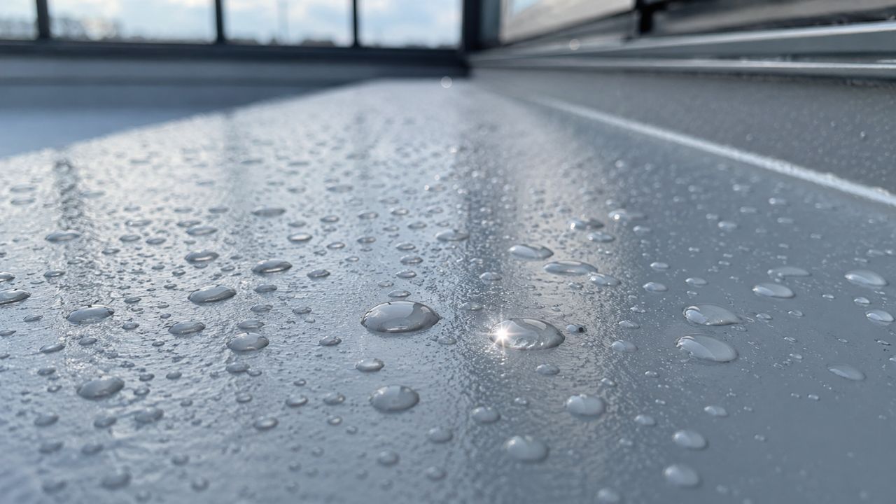防水施工後に水滴を弾くベランダ床面